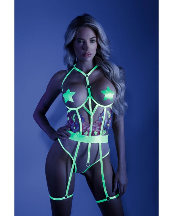 Glow In A Trance Open Cup Crotchless Teddy with Attached Leg Garters - Green/Floral - M/L