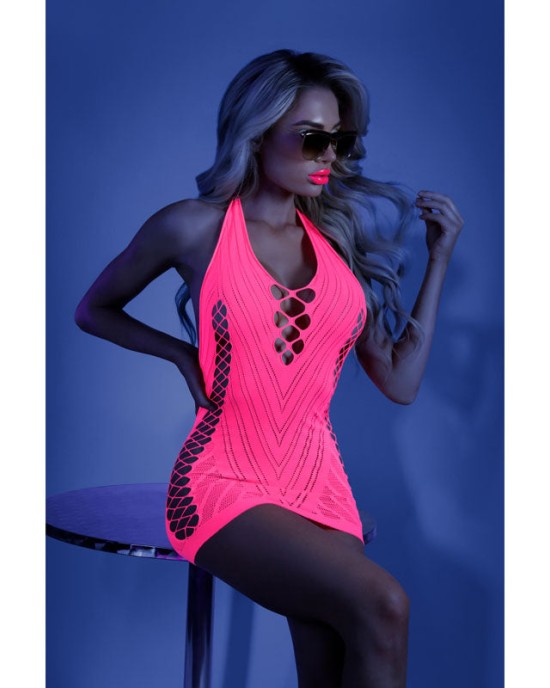 Glow Shock Value Net Halter Dress with Open Back - Pink - OS