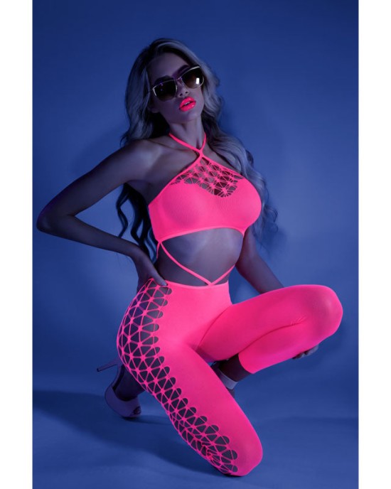 Glow Own The Night Halter Top with Attached Footless Tights - Pink - OS