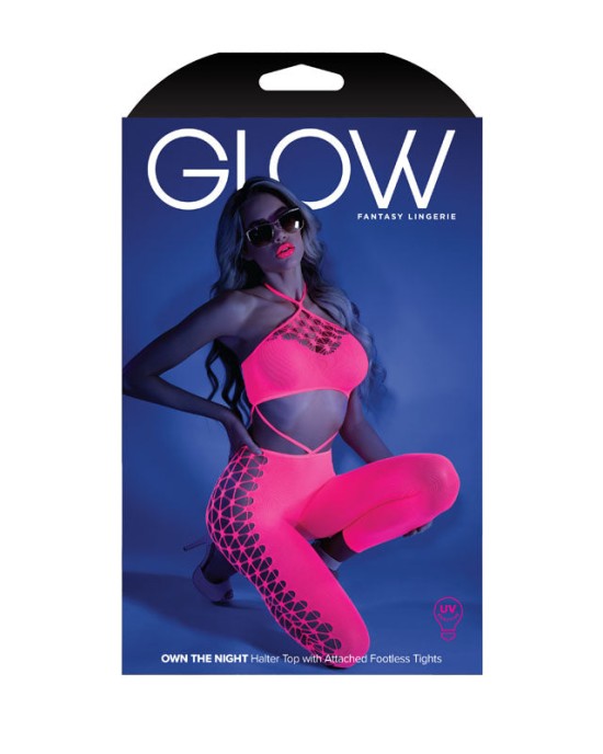 Glow Own The Night Halter Top with Attached Footless Tights - Pink - OS