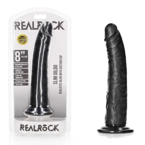 RealRock Realistic 8 Inch Slim Dildo with Suction Cup - Black