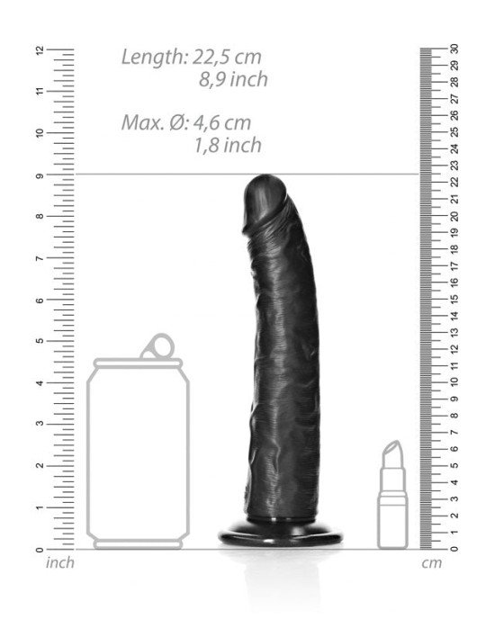 RealRock Realistic 8 Inch Slim Dildo with Suction Cup - Black