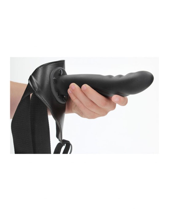 Ouch! Textured 8 Inch Curved Hollow Strap-On - Black