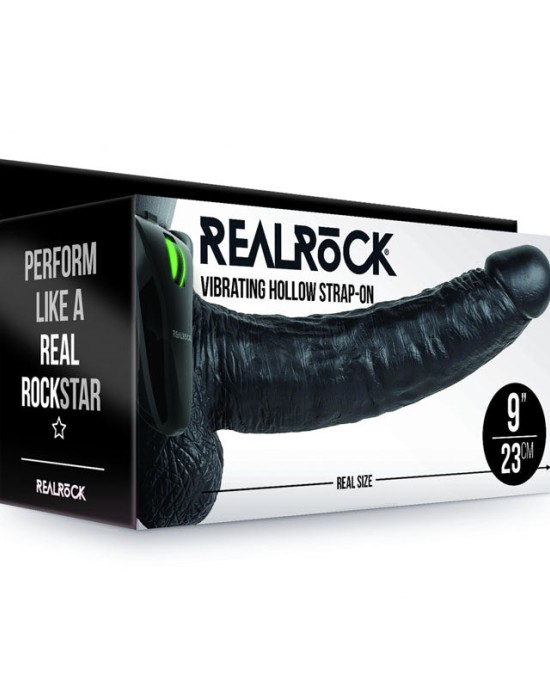 RealRock 9 Inch Vibrating Hollow Strap-On with Balls - Black