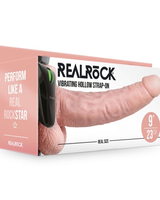 RealRock 9 Inch Vibrating Hollow Strap-On with Balls - Flesh