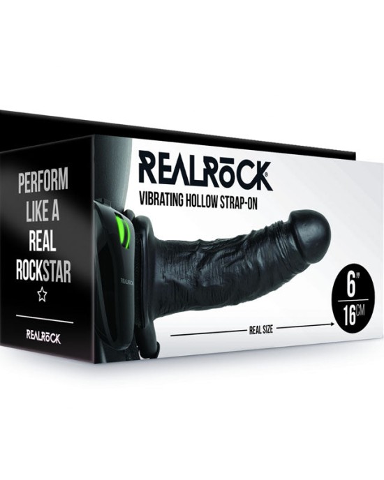 RealRock 6 Inch Vibrating Hollow Strap-On - Black