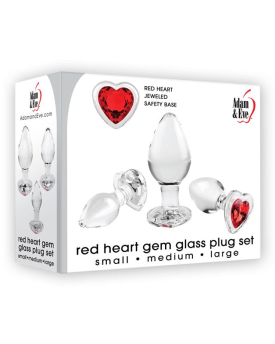 Adam & Eve Red Heart Gem Glass Plug Set - Set of 3 Sizes