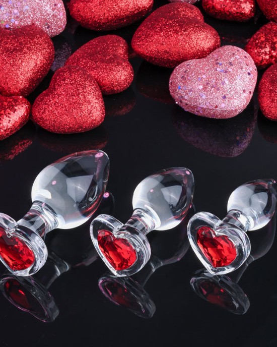 Adam & Eve Red Heart Gem Glass Plug Set - Set of 3 Sizes