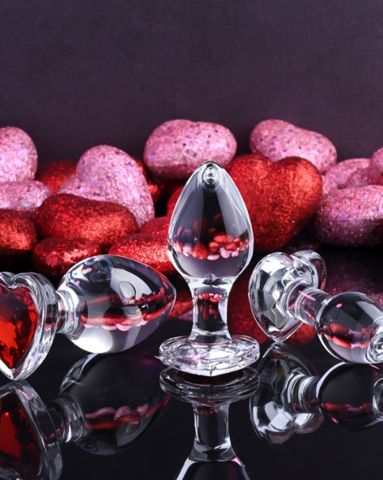 Adam & Eve Red Heart Gem Glass Plug Set - Set of 3 Sizes