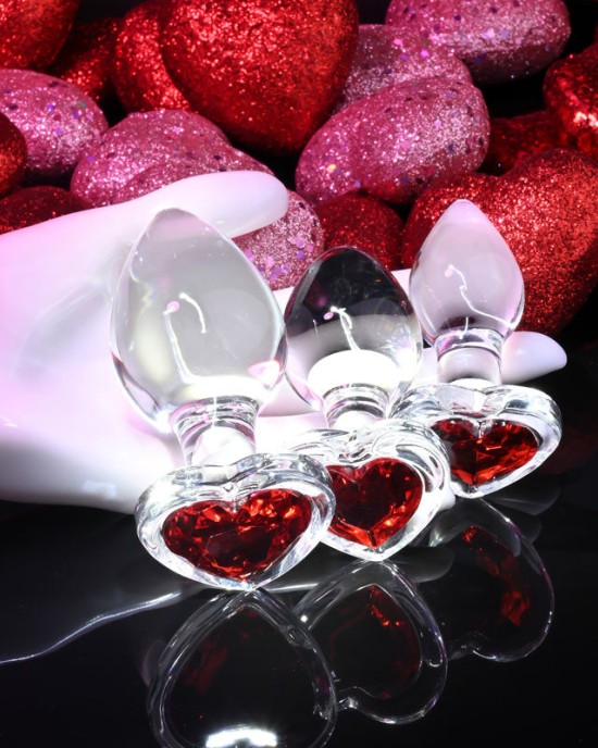 Adam & Eve Red Heart Gem Glass Plug Set - Set of 3 Sizes