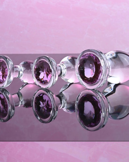 Adam & Eve Pink Gem Glass Plug Set - Set of 3 Sizes