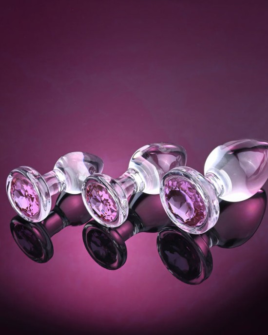 Adam & Eve Pink Gem Glass Plug Set - Set of 3 Sizes