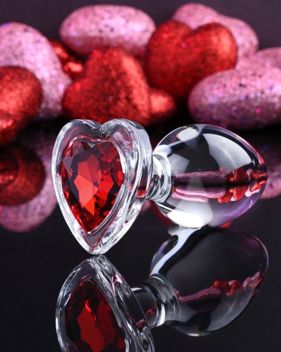 Adam & Eve Red Heart Gem Medium Glass Butt Plug - Clear