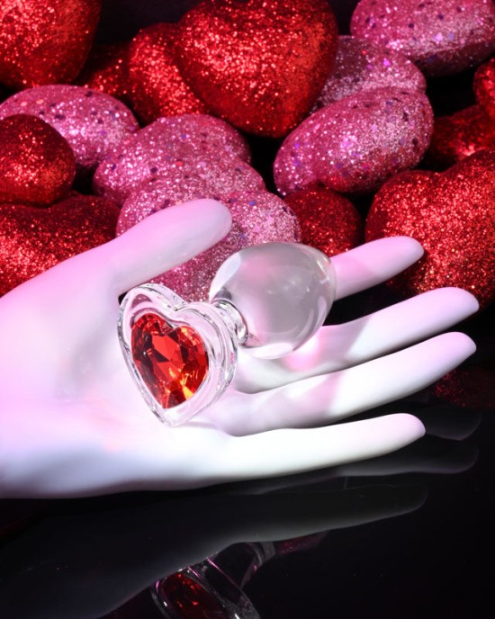 Adam & Eve Red Heart Gem Medium Glass Butt Plug - Clear