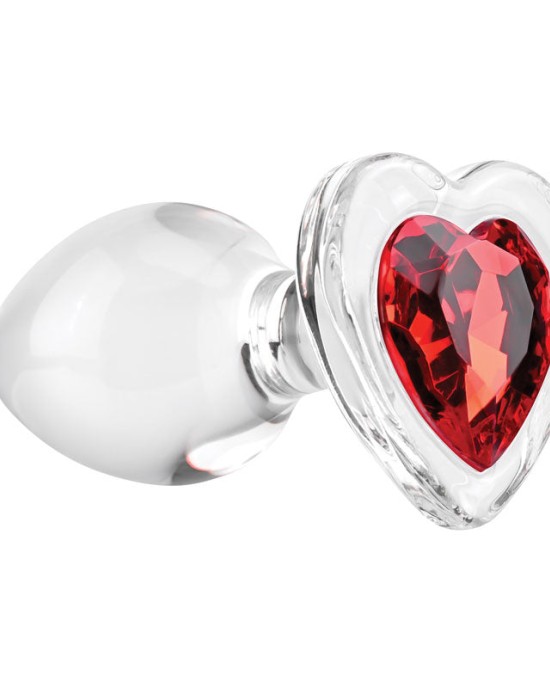 Adam & Eve Red Heart Gem Medium Glass Butt Plug - Clear