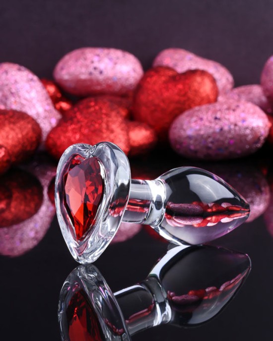 Adam & Eve Red Heart Gem Small Glass Butt Plug - Clear