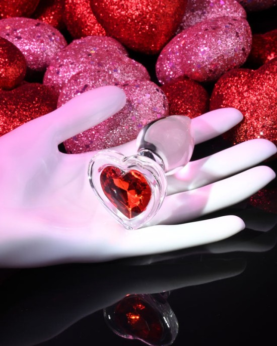 Adam & Eve Red Heart Gem Small Glass Butt Plug - Clear