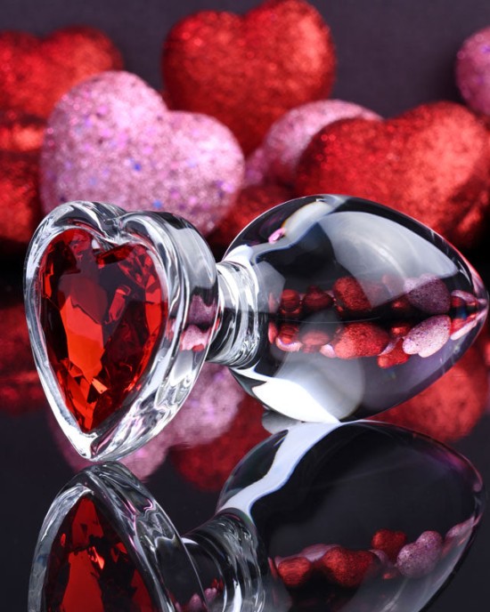 Adam & Eve Red Heart Gem Large Glass Butt Plug - Clear