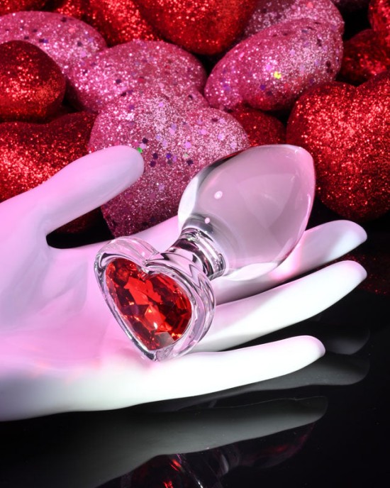 Adam & Eve Red Heart Gem Large Glass Butt Plug - Clear