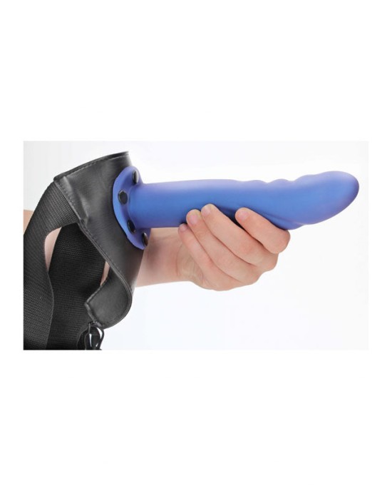 Ouch! Textured Curved 8 Inch Hollow Strap-On -Metallic Blue