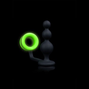 Ouch! Glow In The Dark Beads Butt Plug with Cock Ring - Black