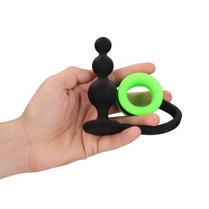 Ouch! Glow In The Dark Beads Butt Plug with Cock Ring - Black