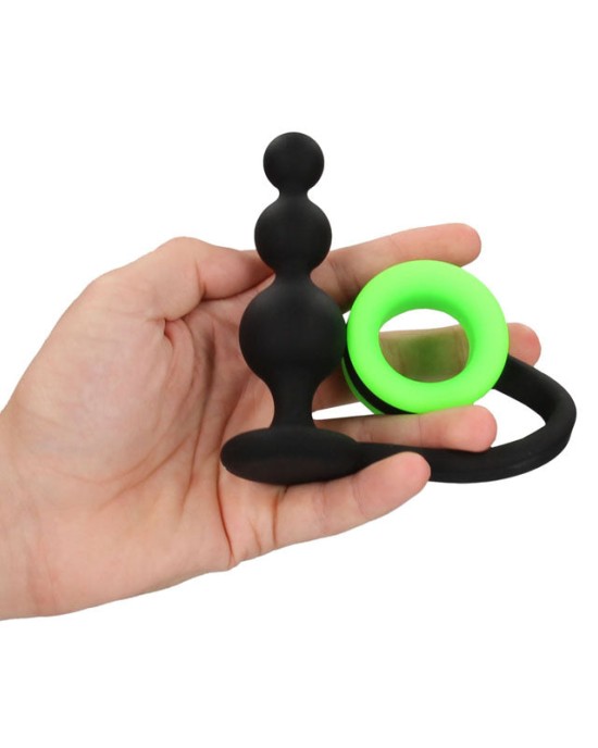 Ouch! Glow In The Dark Beads Butt Plug with Cock Ring - Black