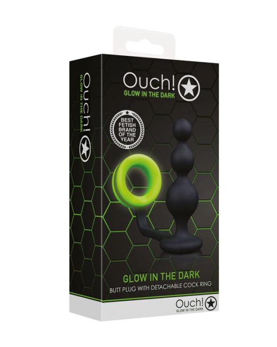 Ouch! Glow In The Dark Beads Butt Plug with Cock Ring - Black