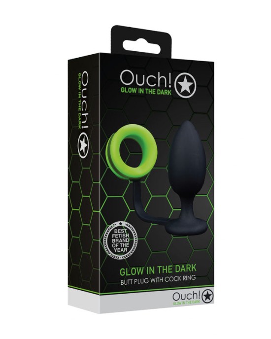 Ouch! Glow In The Dark Butt Plug with Cock Ring - Black