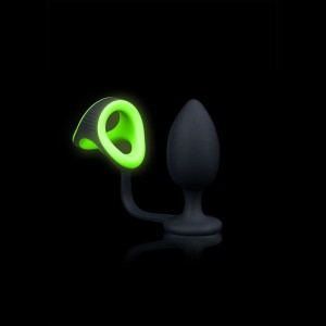 Ouch! Glow In The Dark Butt Plug with Cock Ring & Ball Strap - Black