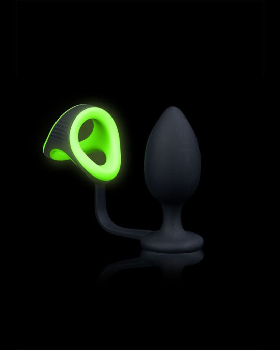 Ouch! Glow In The Dark Butt Plug with Cock Ring & Ball Strap - Black