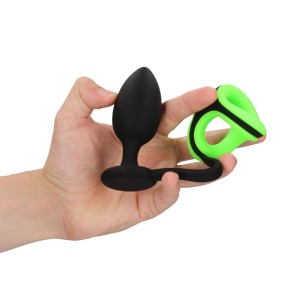 Ouch! Glow In The Dark Butt Plug with Cock Ring & Ball Strap - Black