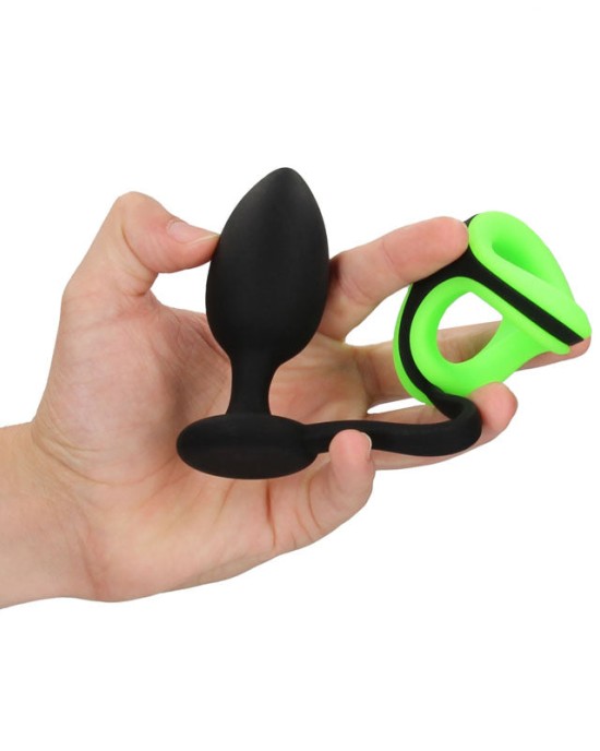 Ouch! Glow In The Dark Butt Plug with Cock Ring & Ball Strap - Black