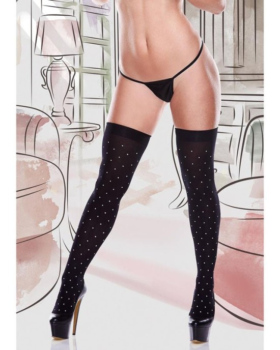 Baci Dreams Black Opaque Thigh Hi White Dot Satin Bow Stockings - OS