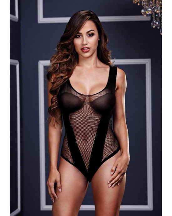 Baci White Label Deep V Fishnet Bodysuit - Black - OS