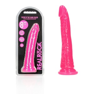 RealRock 8 Inch Slim Glow in the Dark Neon Dildo - Pink