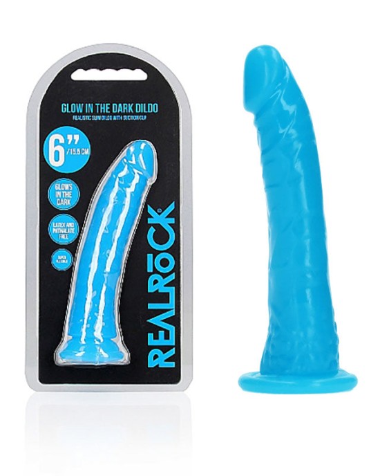 RealRock 6 Inch Slim Glow in the Dark Neon Dildo- Blue