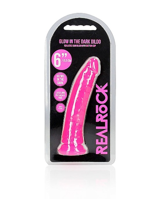 RealRock 6 Inch Slim Glow in the Dark Neon Dildo - Pink