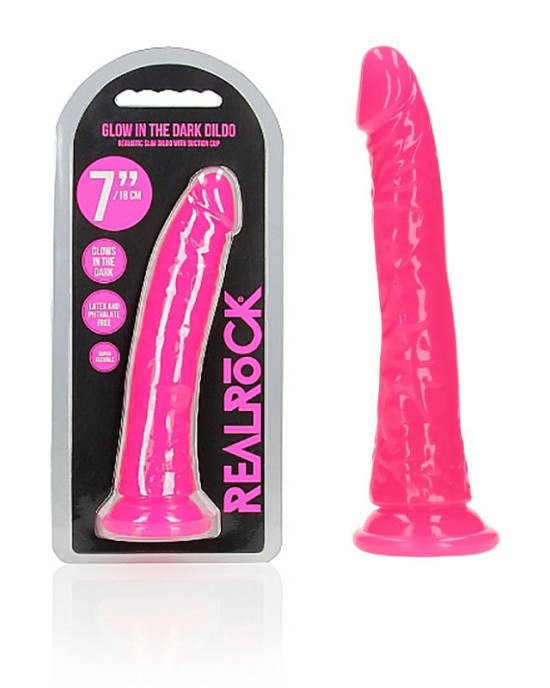 RealRock 7 Inch Slim Glow in the Dark Neon Dildo - Pink