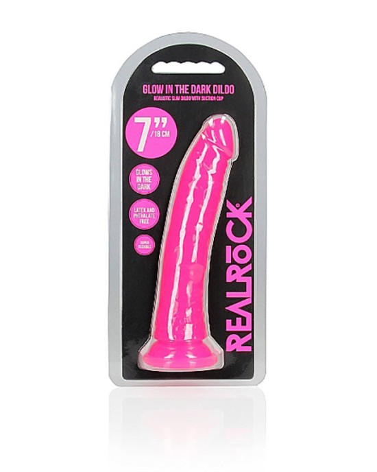 RealRock 7 Inch Slim Glow in the Dark Neon Dildo - Pink