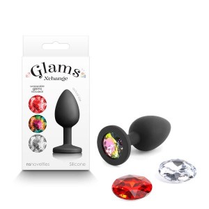 Glams Xchange - Small Round Anal Plug with Swapable Gems - Black