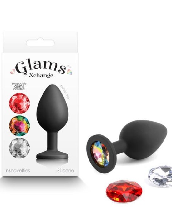 Glams Xchange - Medium Round Anal Plug with Swapable Gems - Black