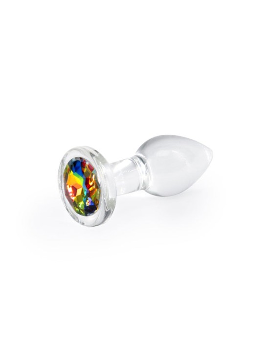 Crystal Desires - Small - Clear Glass Butt Plug with Rainbow Gem