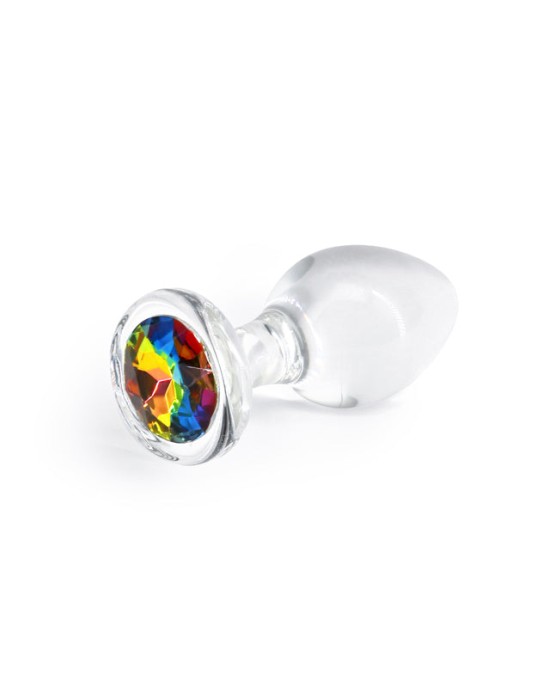 Crystal Desires - Medium - Clear Glass Butt Plug with Rainbow Gem