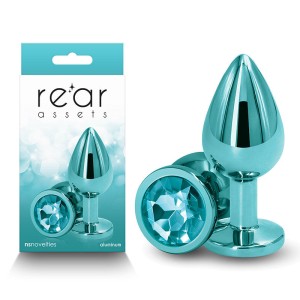 Rear Assets Medium Metal Butt Plug with Teal Round Gem