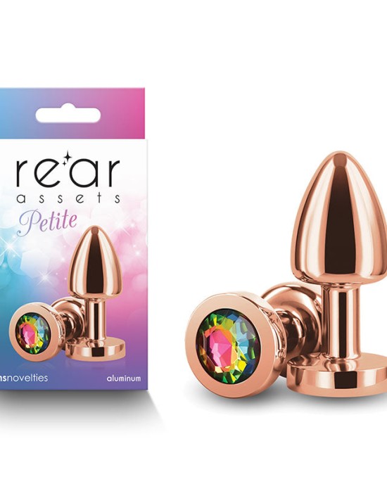 Rear Assets Petite Rose Gold Butt Plug with Rainbow Round Gem