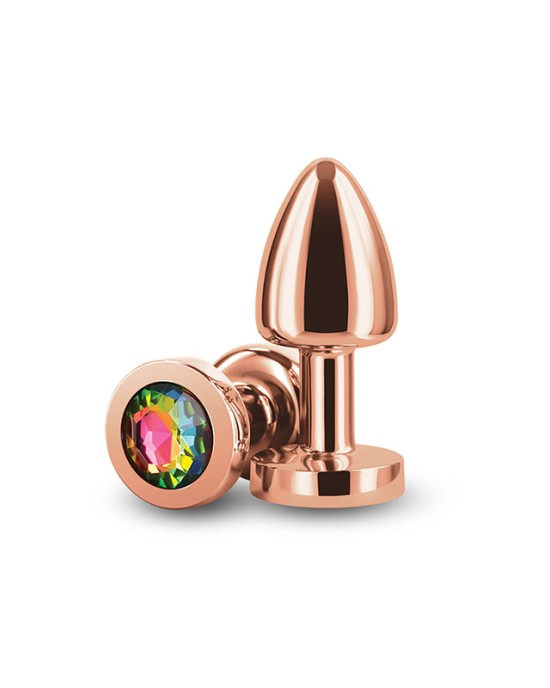 Rear Assets Petite Rose Gold Butt Plug with Rainbow Round Gem