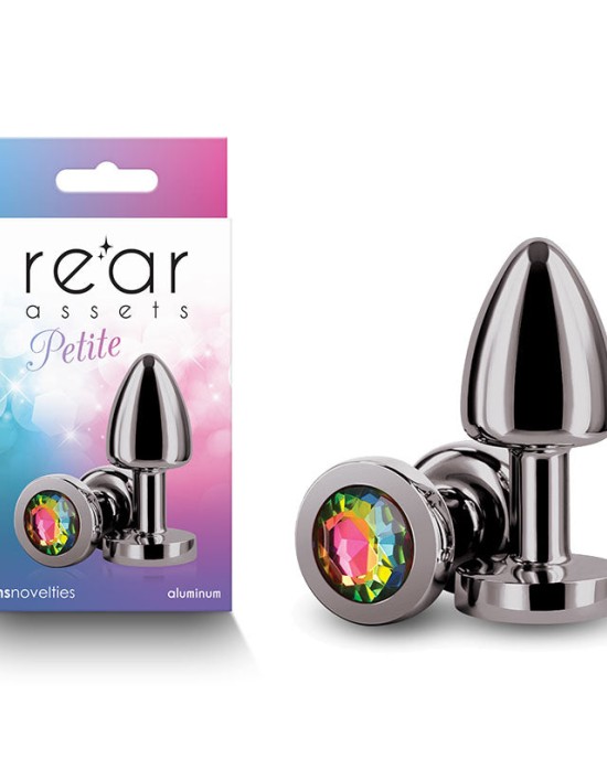 Rear Assets Petite Gunmetal Butt Plug with Round Rainbow Gem