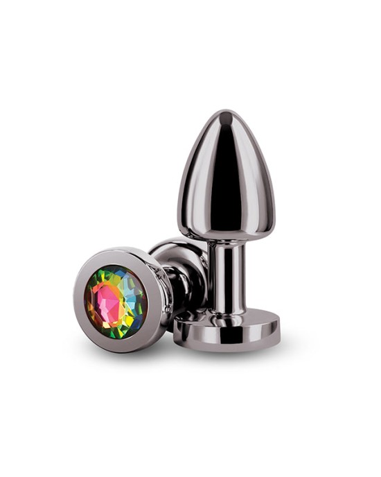 Rear Assets Petite Gunmetal Butt Plug with Round Rainbow Gem