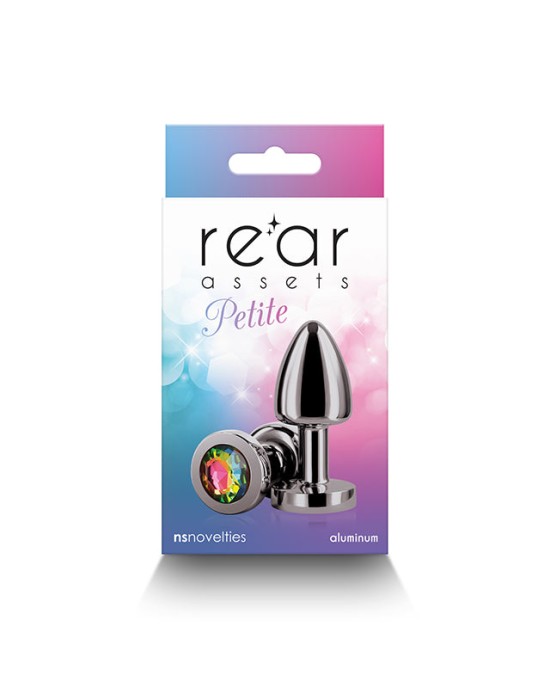 Rear Assets Petite Gunmetal Butt Plug with Round Rainbow Gem